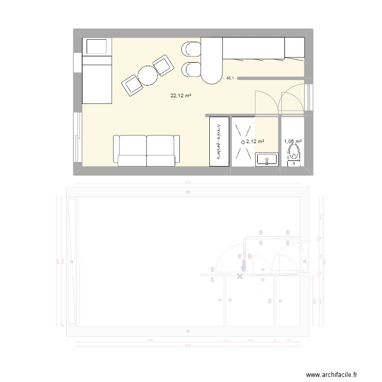 LGM23. Plan de 3 pièces et 25 m2