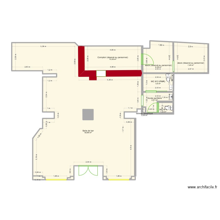 Bar Esport - surfaces et dimensions. Plan de 13 pièces et 116 m2