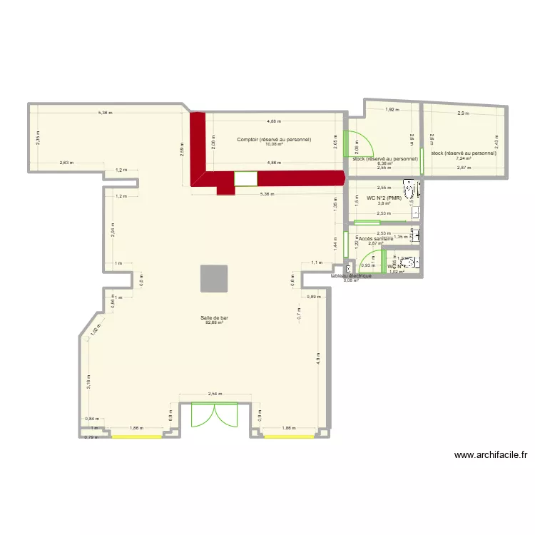 Bar Esport - surfaces et dimensions. Plan de 