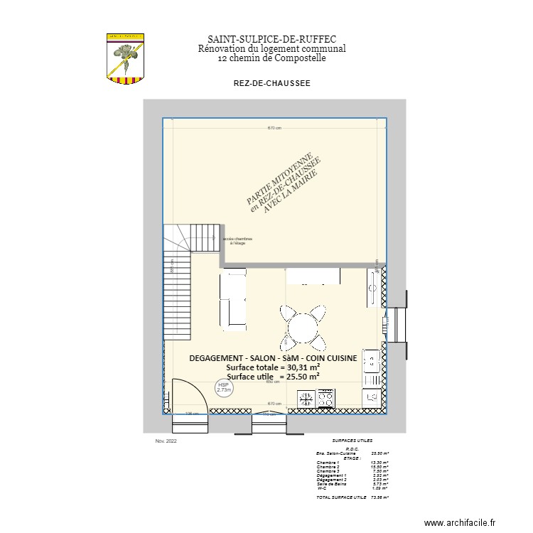 logement communal RDC surfaces Nov 22. Plan de 1 pièce et 59 m2