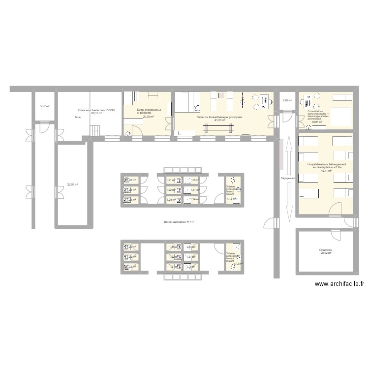 HDS Kiganda -  Bâtiment Service kiné équipé. Plan de 29 pièces et 234 m2