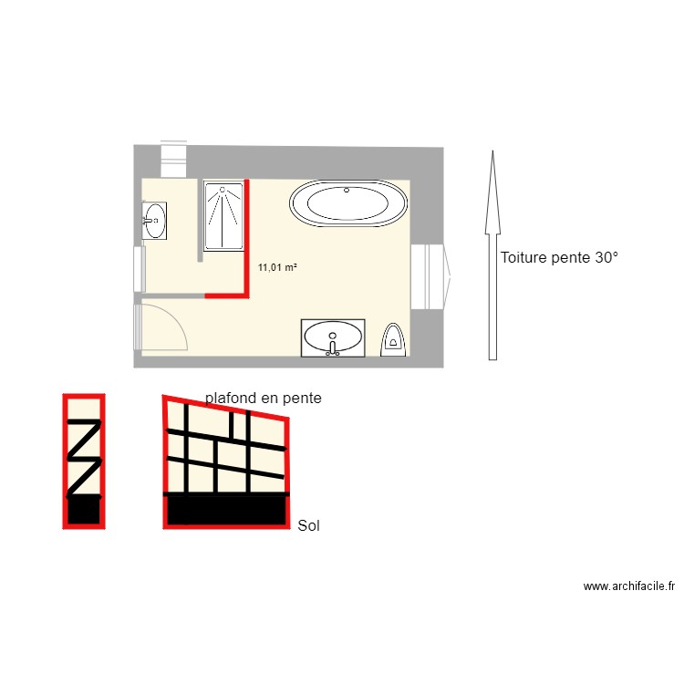 Plan étage SDB après AVEC les murs en verre colorée. Plan de 0 pièce et 0 m2