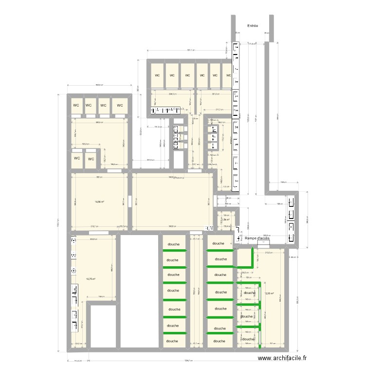 Rchetaillée - sanitaire sous le chateau. Plan de 39 pièces et 175 m2