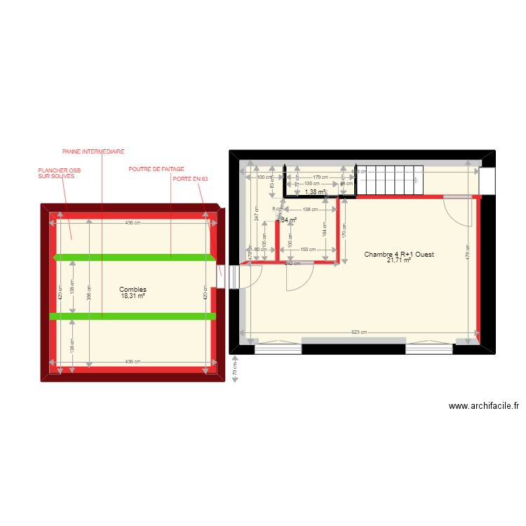 plans AF ok chambre A CONSTRUIRE 4 R+1 Ouest + Combles. Plan de 4 pièces et 54 m2