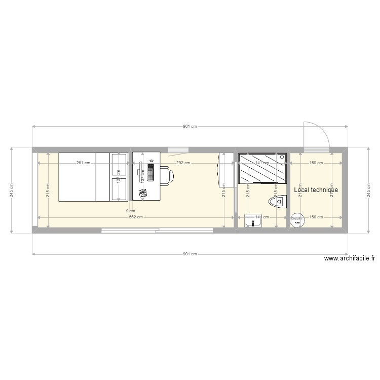 MP  sanitaire. Plan de 3 pièces et 18 m2