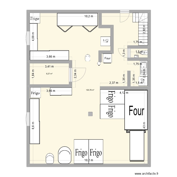 Labo boulangerie. Plan de 3 pièces et 128 m2
