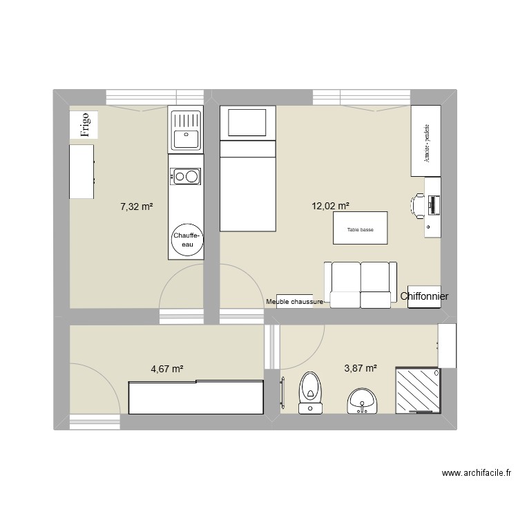 CHAMBRE AVEC MEUBLE. Plan de 4 pièces et 28 m2