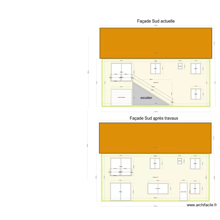Plan de facade sud. Plan de 2  et 148 m²