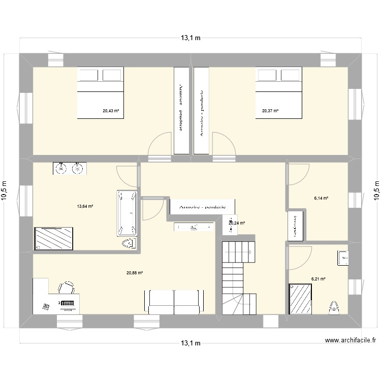 1 etage. Plan de 7 pièces et 108 m2