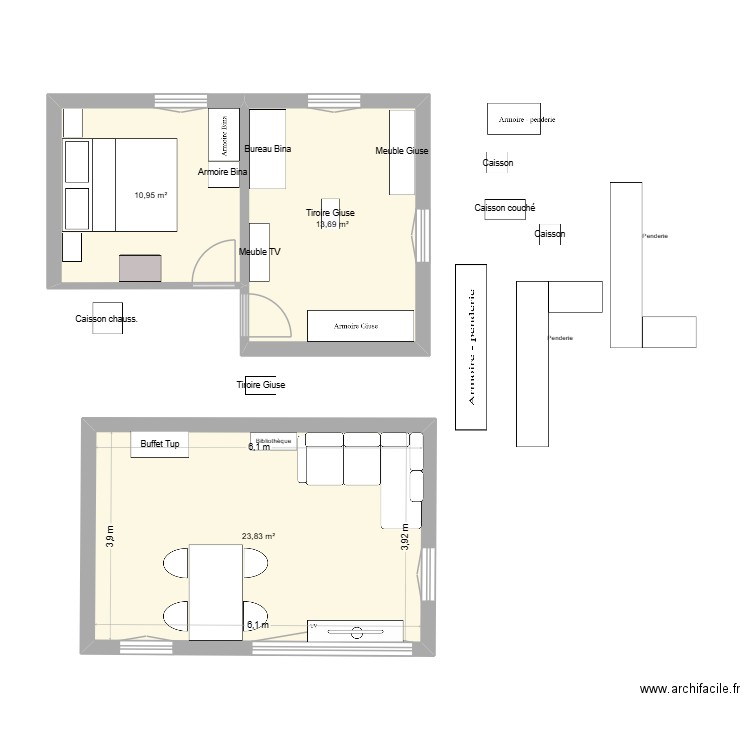 Mézières 2. Plan de 3 pièces et 48 m2