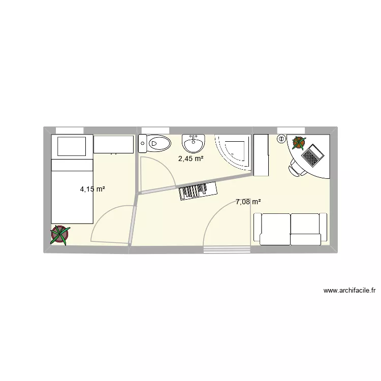 planStudioContenair. Plan de 3 pièces et 14 m²