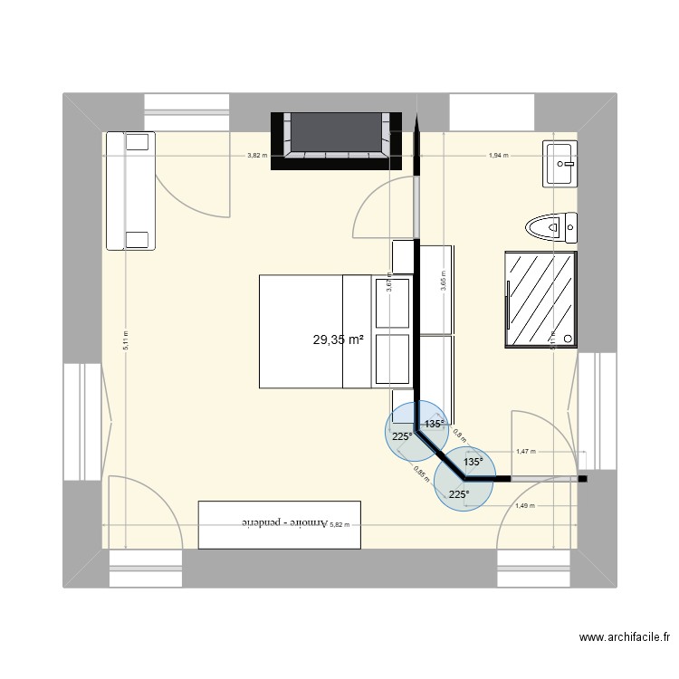CHAMBRE ET SALLE DE BAIN. Plan de 1 pièce et 29 m2
