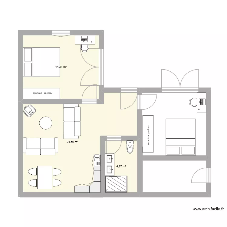gite3. Plan de 3 pièces et 44 m²