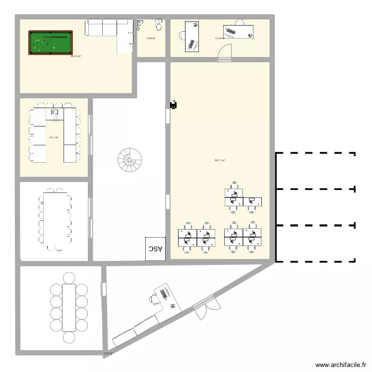 Plan Workspace. Plan de 6  et 135 m²