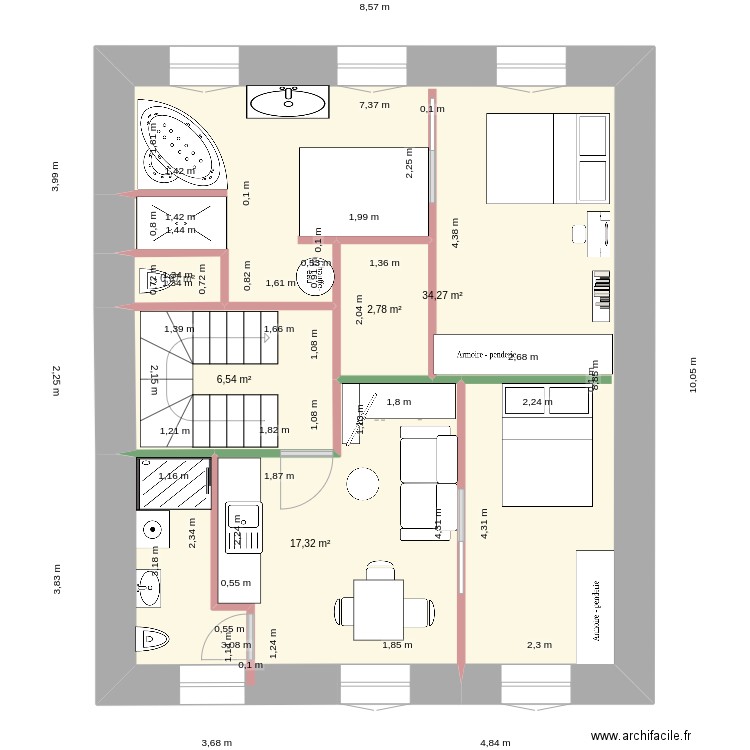 2eme étage escalier gain de place. Plan de 5 pièces et 62 m2
