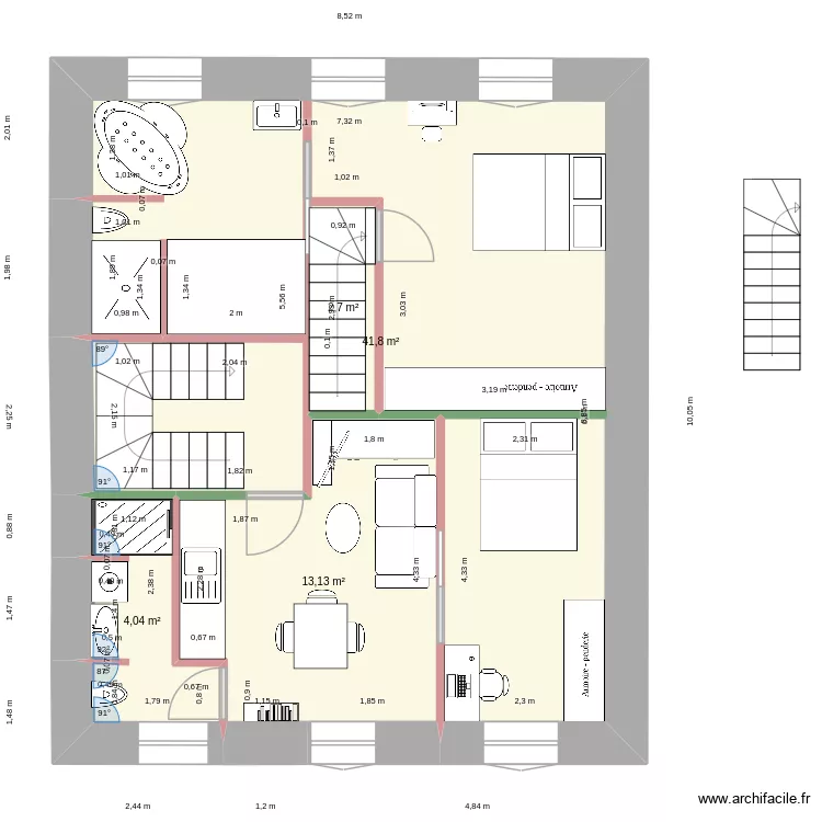 2eme &eacute;tage escalier gain de place. Plan de 4  et 62 m²