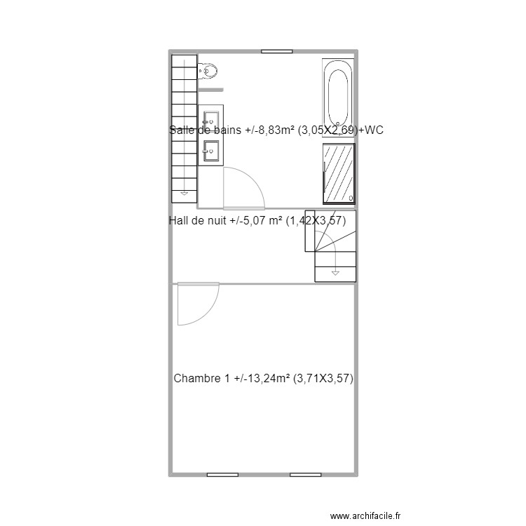 Plan Etage 1 Binche. Plan de 3 pièces et 29 m2