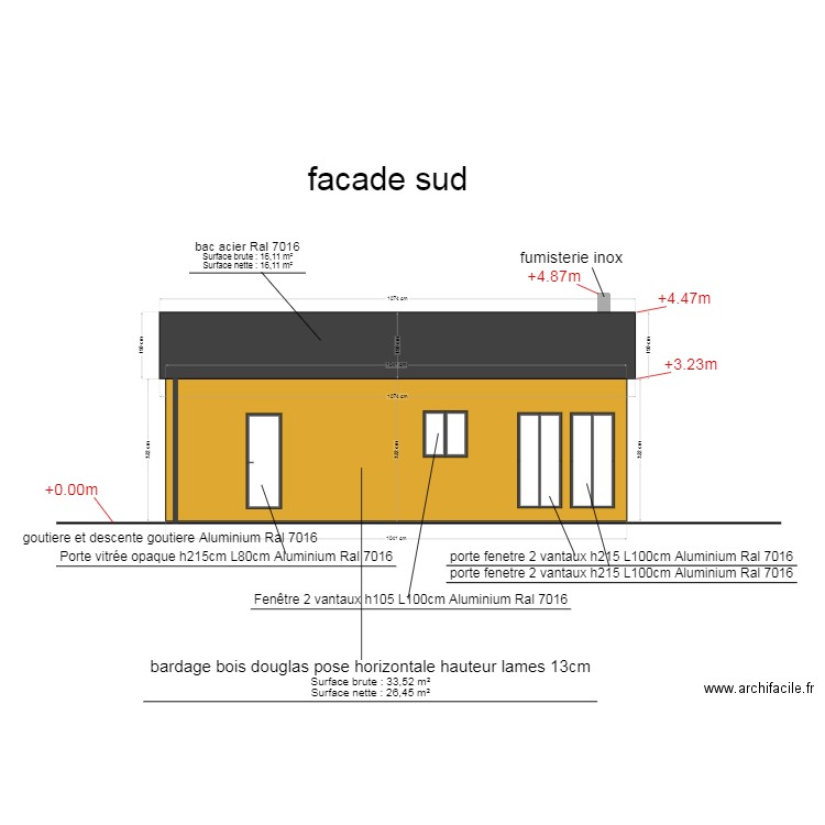 facade sud. Plan de 0 pièce et 0 m2