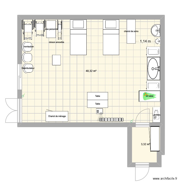 Salle TP SAPAT. Plan de 2 pièces et 52 m2