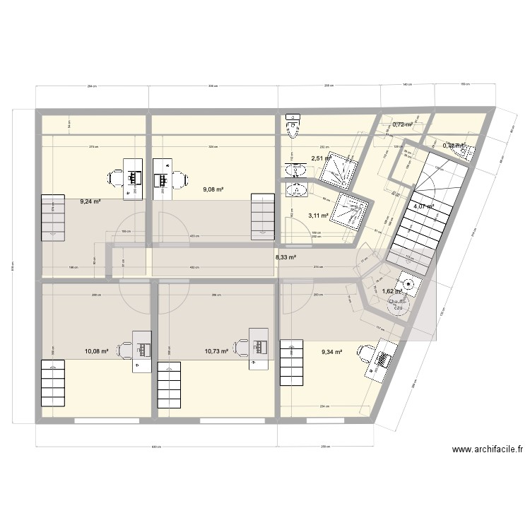 Moissons Etage. Plan de 16 pièces et 75 m2