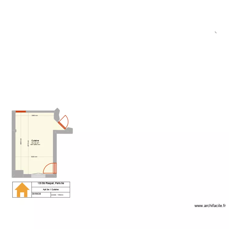 135 Raspail 5e Cuisine. Plan de 5 Pièces et 16 m²