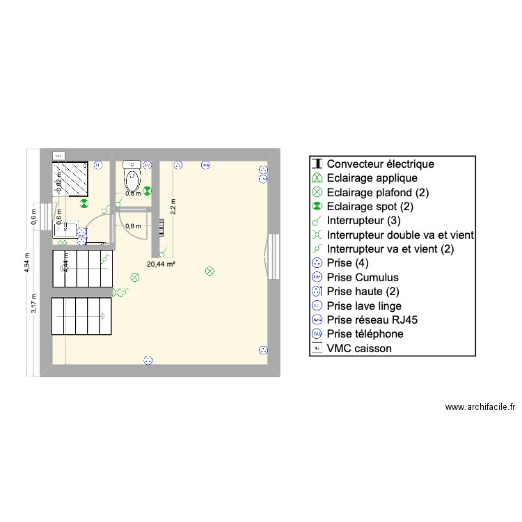 R+1. Plan de 1 pièce et 20 m2