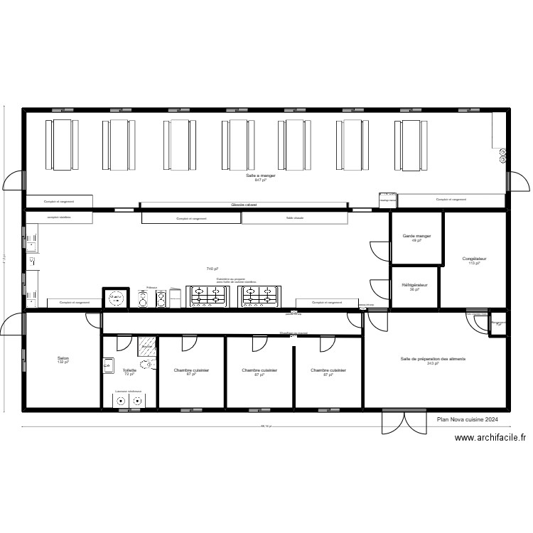 Cuisine 42x66. Plan de 13 pièces et 233 m2