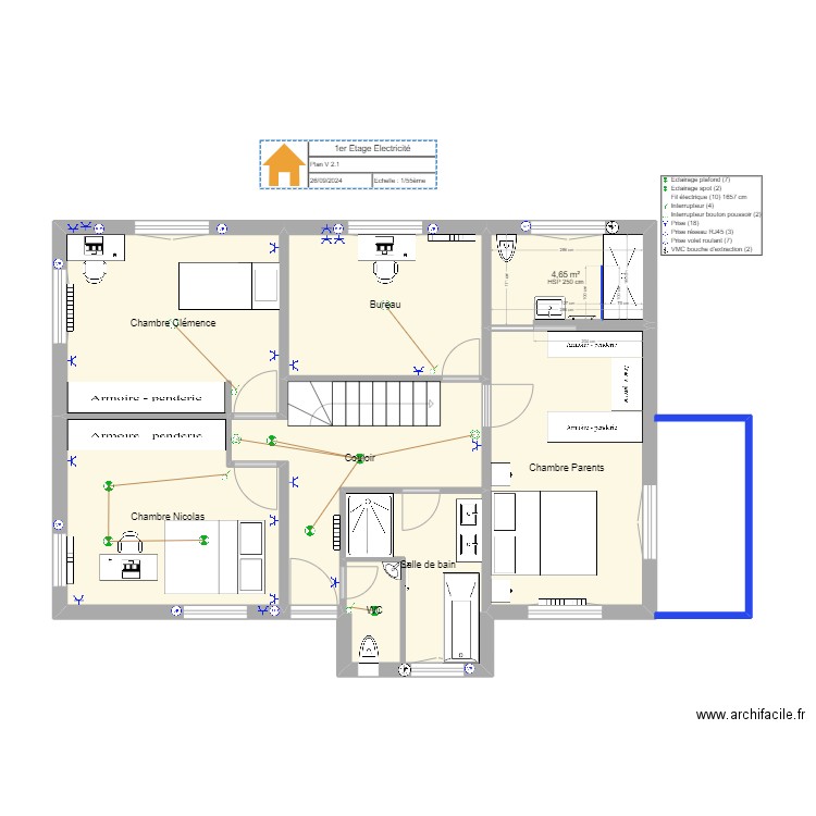 P1-Etage1-v1-electricite. Plan de 8 pièces et 74 m2