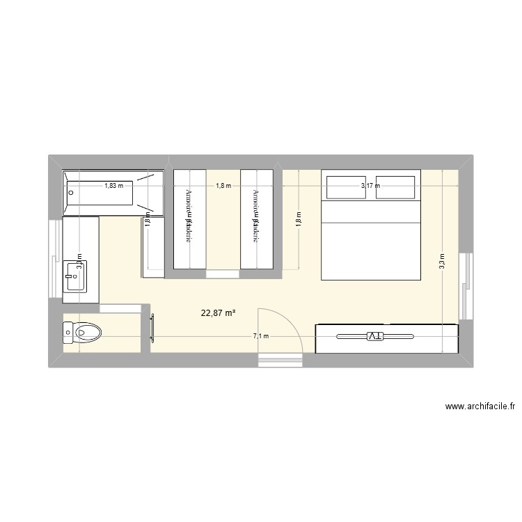 surélévation vue en plan. Plan de 1 pièce et 23 m2