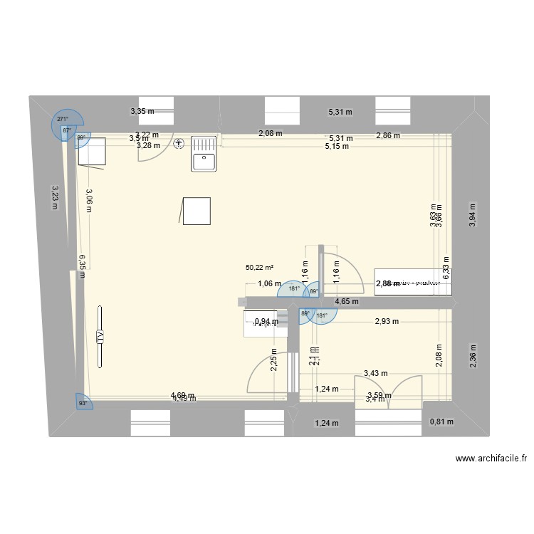 RDC 35 bis2. Plan de 1 pièce et 50 m2