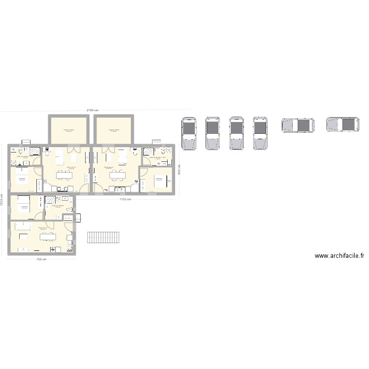 Immeuble 6 T1 avec étage. Plan de 23 pièces et 318 m2