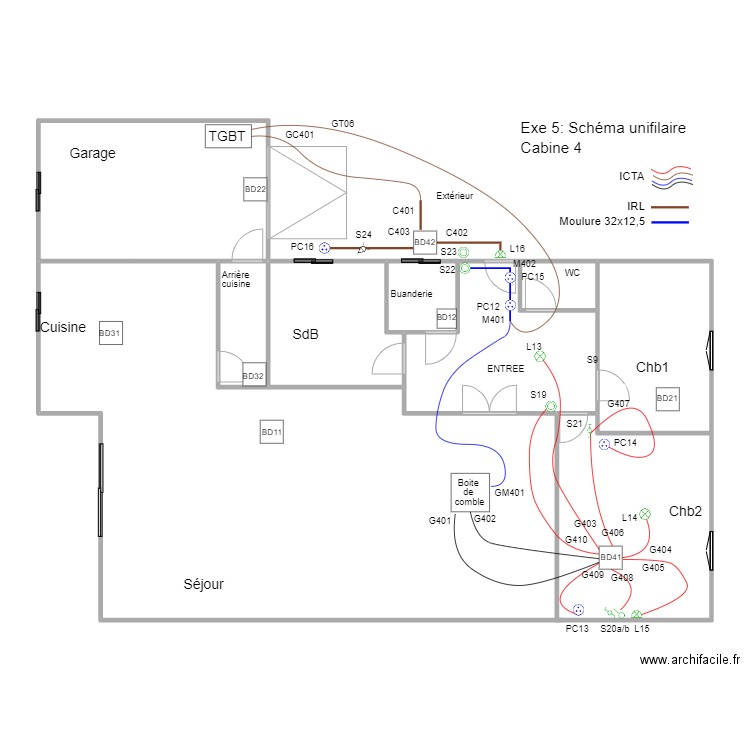 B1M2Op02-02Exe5Cab4SchUni. Plan de 9 pièces et 171 m2