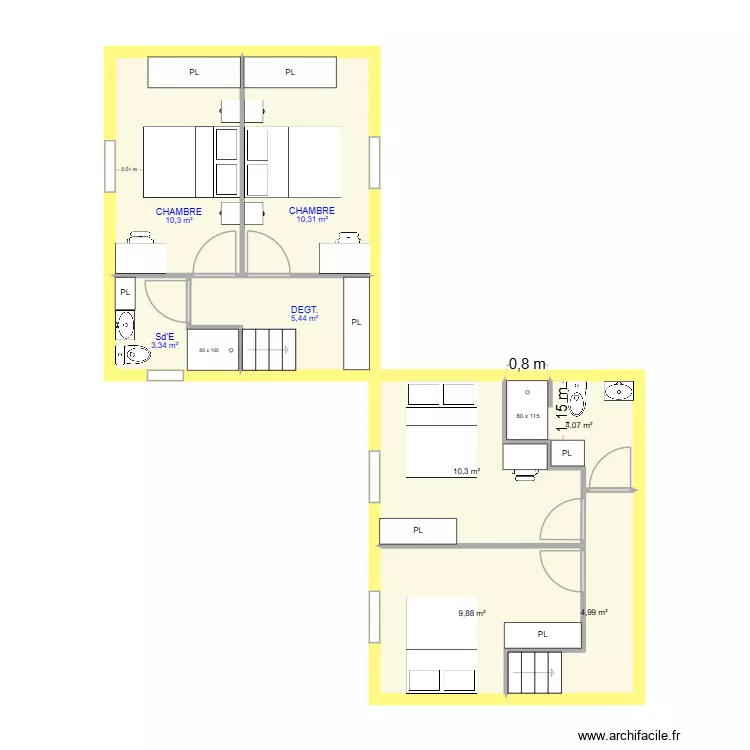 Projet Etage. Plan de 8  et 59 m²