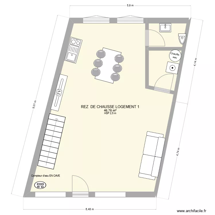 PMU REZ DE CHAUSSEE EXISTANT. Plan de 1  et 47 m²