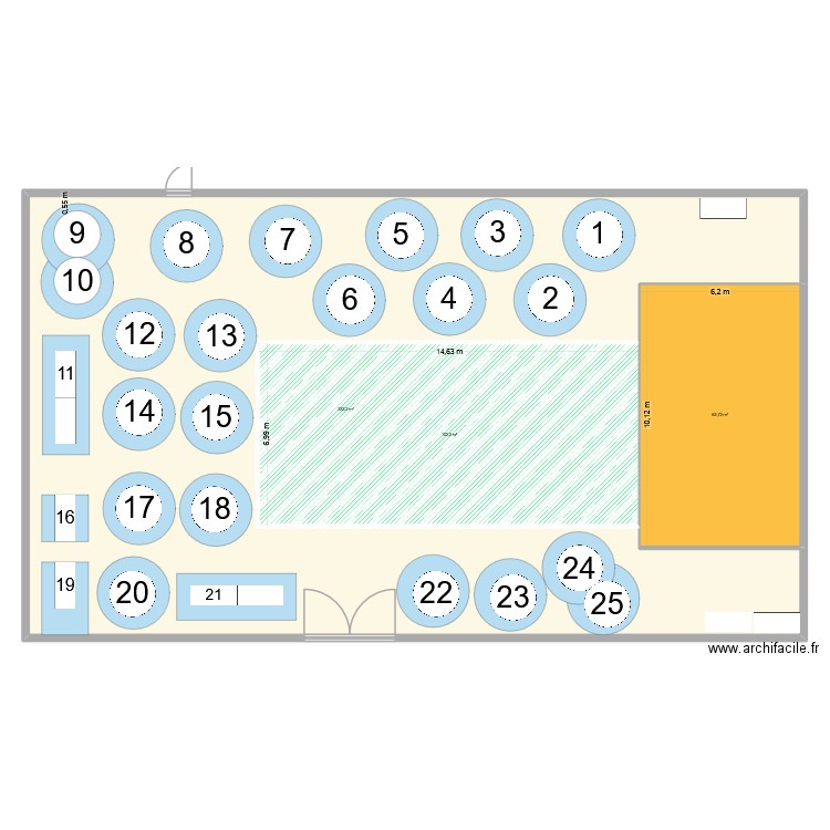Plan réveillon 2025-2026 avec empattement chaises et 21 tables rondes-1. Plan de 3 pièces et 497 m2