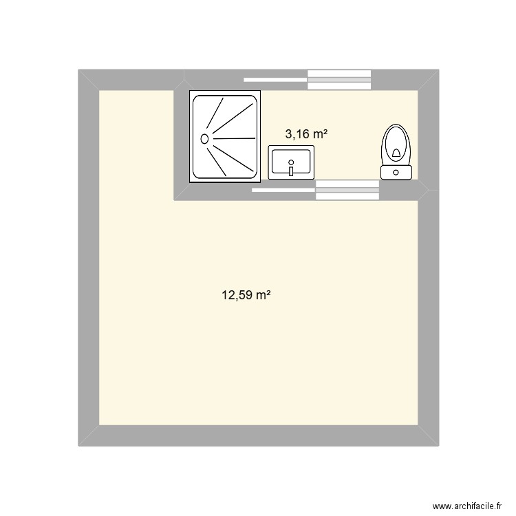 sdb bas. Plan de 2 pièces et 16 m2