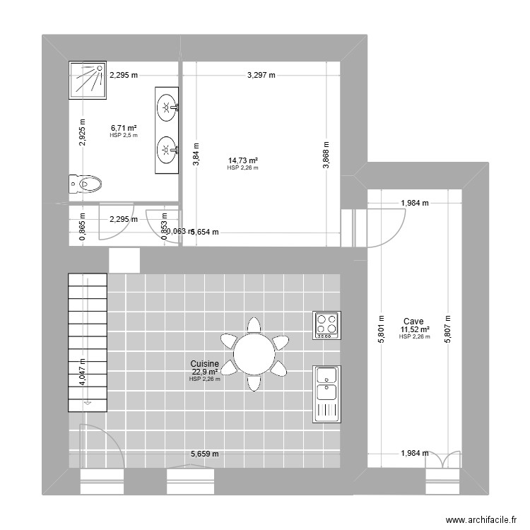 Maison Clozades RDC. Plan de 4 pièces et 56 m2