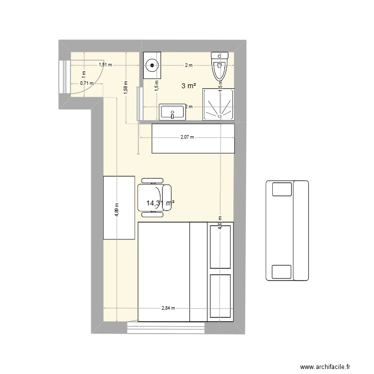 STUDIO 3. Plan de 2 pièces et 17 m2