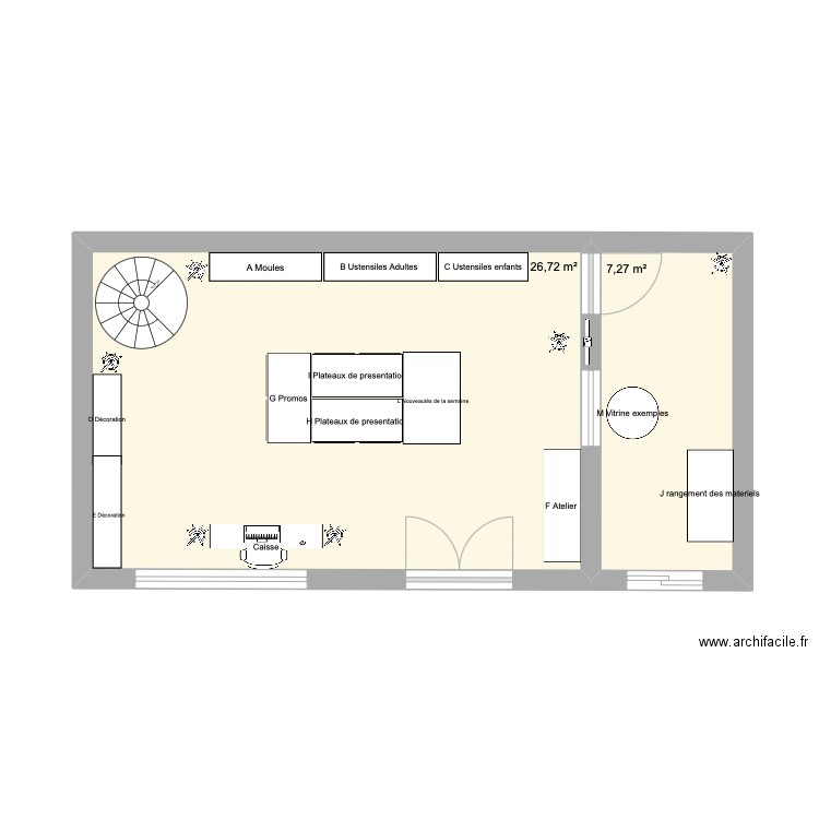 Magasin de patisserie. Plan de 2 pièces et 34 m2