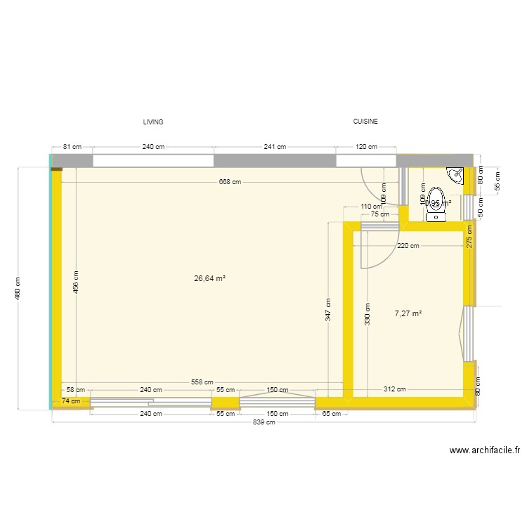 Projet Baton V5 Production. Plan de 3 pièces et 35 m2