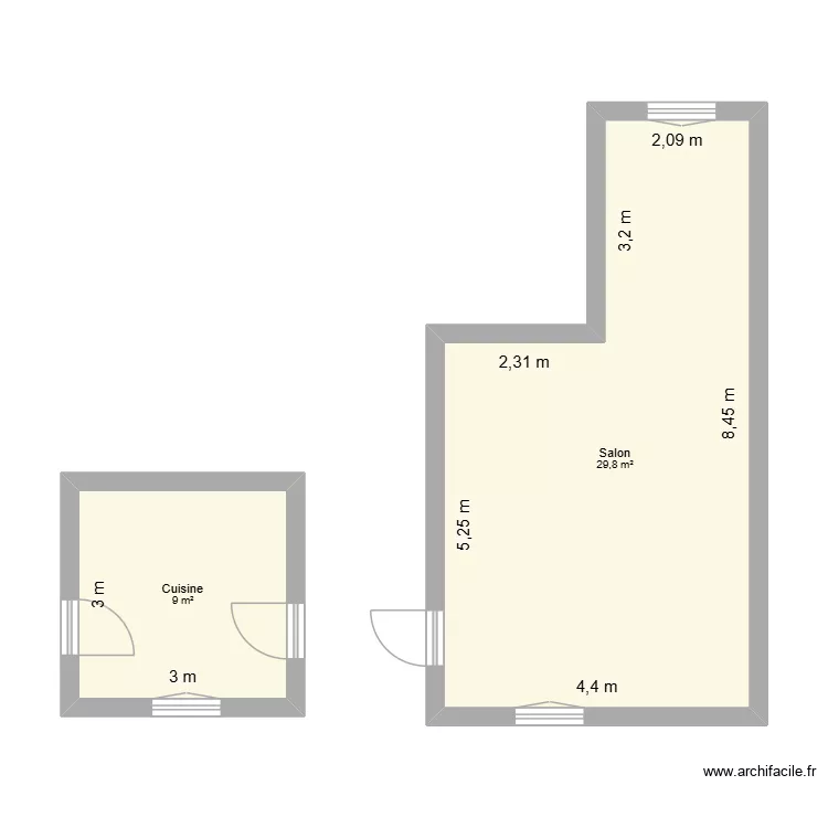 r&eacute;no cuisine salon. Plan de 2  et 39 m²