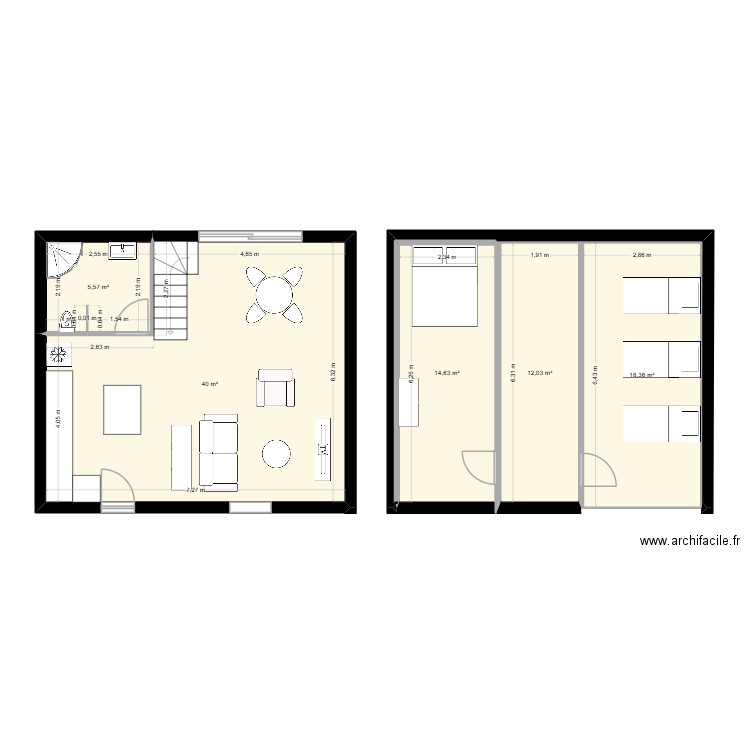 Gite 3. Plan de 5 pièces et 91 m2