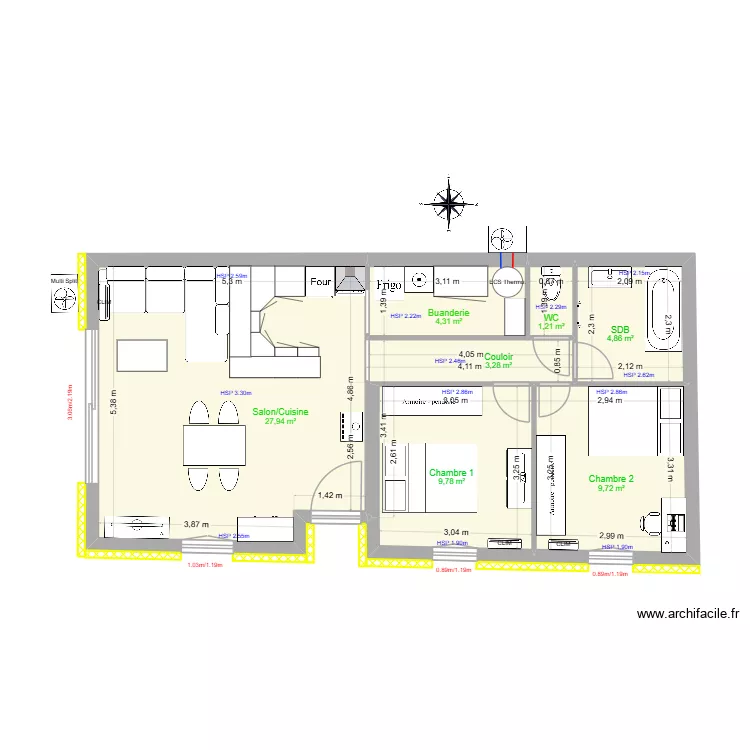 logement SOLAZ Apr&egrave;s travaux. Plan de 7  et 61 m²