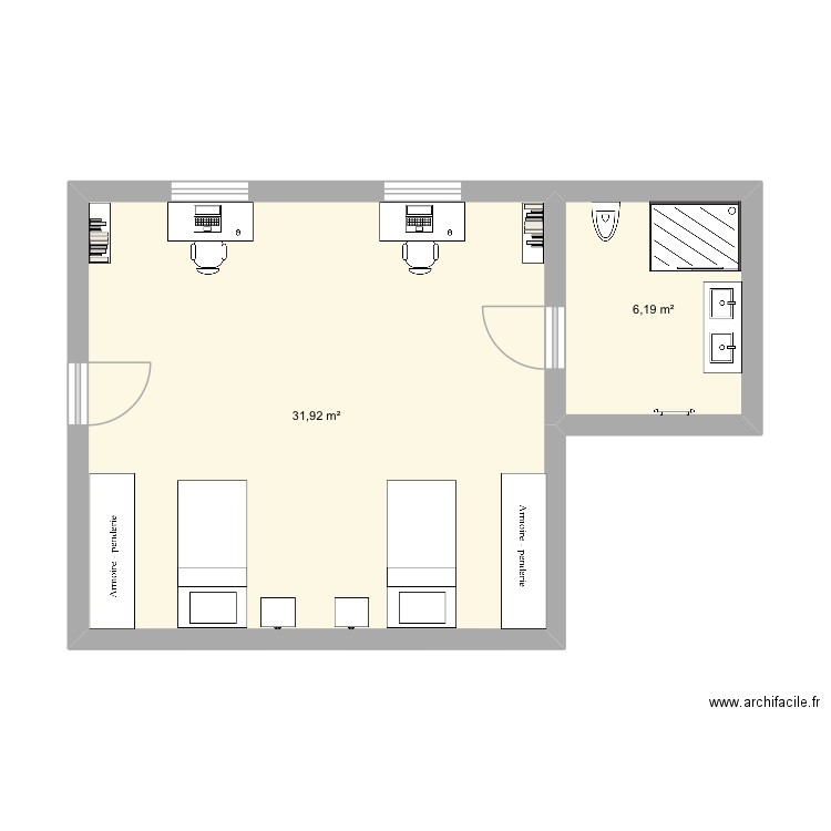 Sal. Plan de 2 pièces et 38 m2