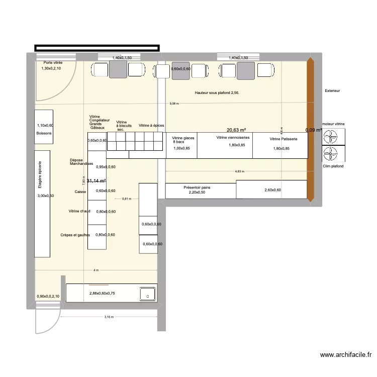 Patisserie. dimensions meubles. 3. Plan de 3  et 52 m²