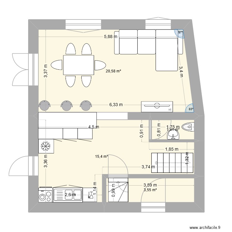 cuisine/salon. Plan de 4 pièces et 41 m2