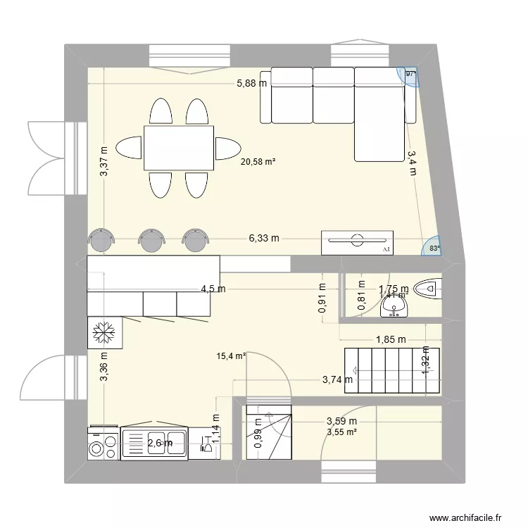 cuisine/salon. Plan de 4 pièces et 41 m²