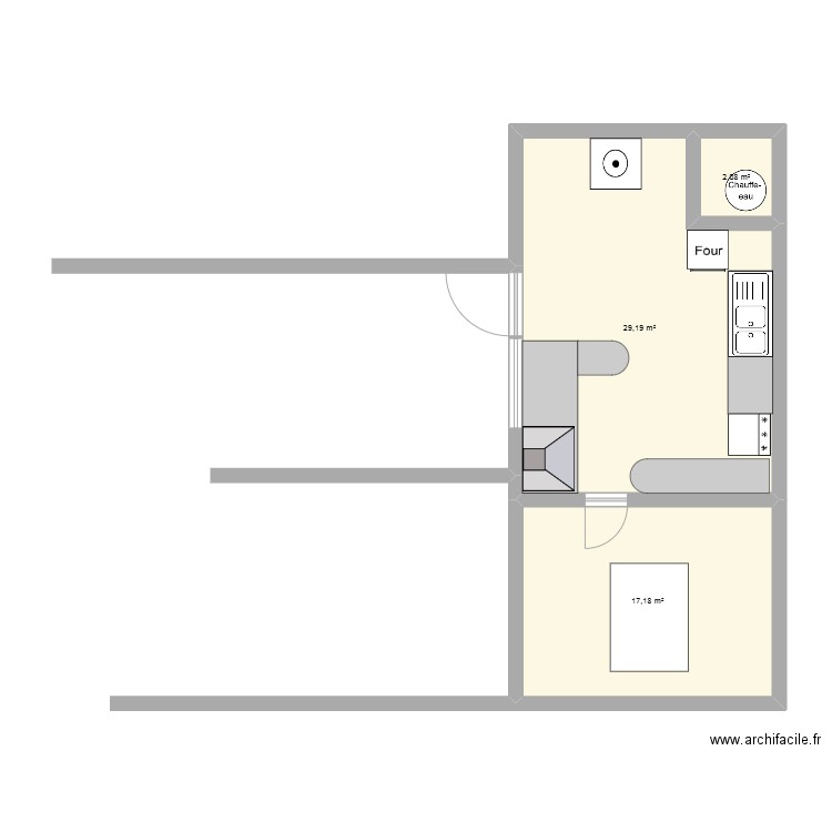 Cuisine. Plan de 3 pièces et 48 m2