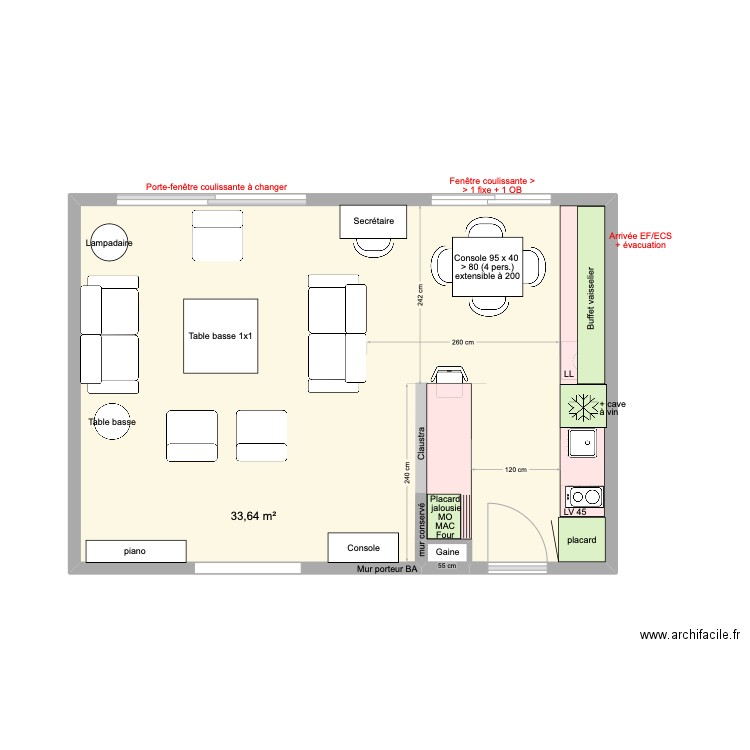 Cuisine arclinea. Plan de 2 pièces et 34 m2