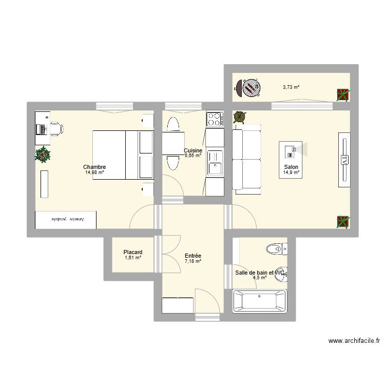 pec et lolo. Plan de 7 pièces et 53 m2